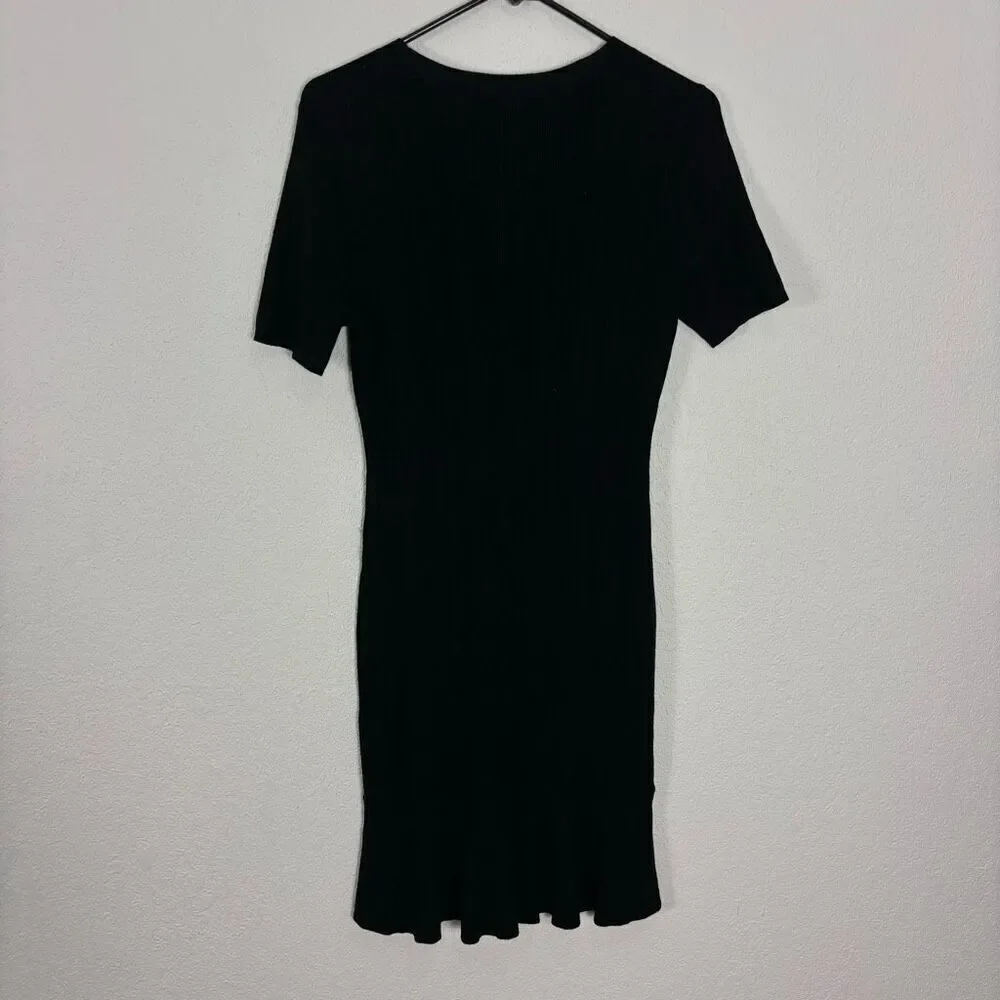 NWT J.‎ Crew Black Ribbed Knit Short Sleeve Ruffle Hem Knee Length Dress Size M